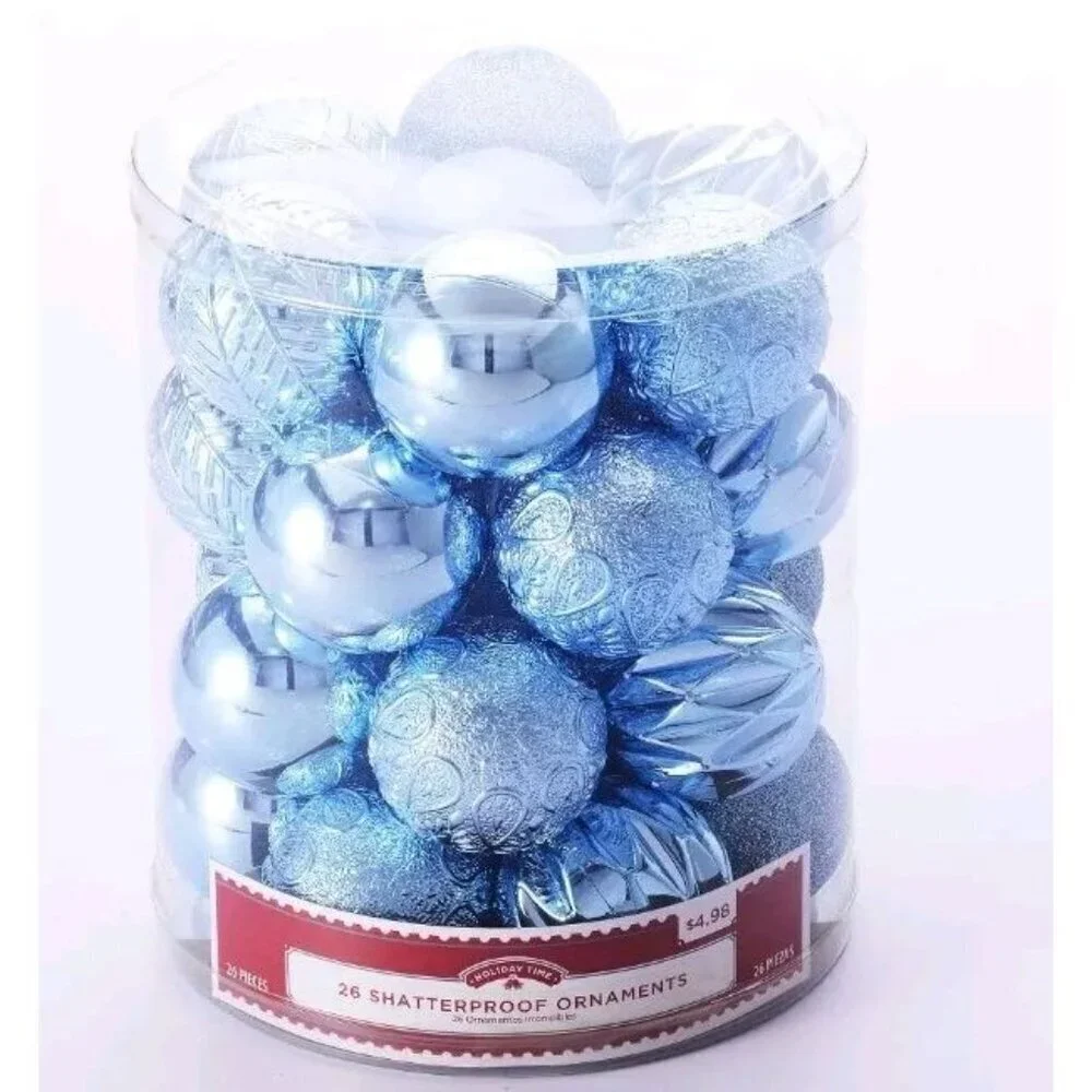 Holiday Time 26 Shatterproof Ornaments Round Sky Blue with 7 Different Designs